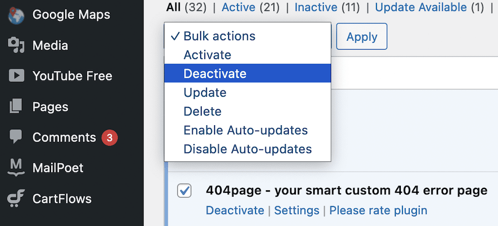 از منوی Bulk actions در وردپرس گزینه Deactivate را انتخاب کنید.
