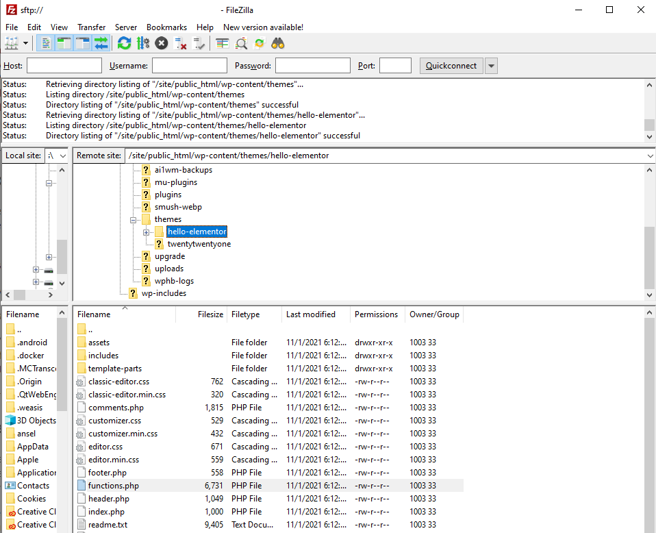 تصویری از برنامه FileZilla متصل به سایتی که نحوه ویرایش functions.php در وردپرس را نشان می دهد.