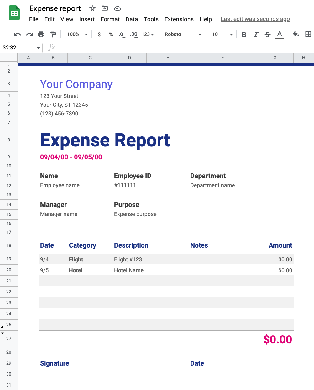نمونه گزارش هزینه در Google Sheets